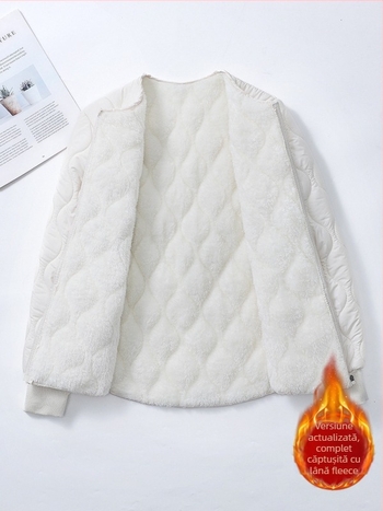 Geacă căptușită cu fleece, din bumbac, pentru femei, stil uniformă școlară, croială lejeră, plus size, închidere cu fermoar