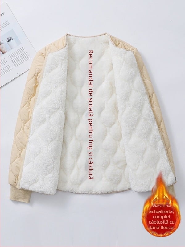 Geacă căptușită cu fleece, din bumbac, pentru femei, stil uniformă școlară, croială lejeră, plus size, închidere cu fermoar