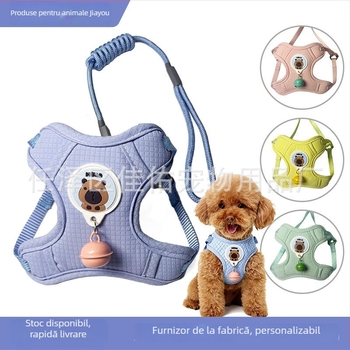 Lesă pentru câini cu ham pe piept, din țesătură, clopot din piele de cerb