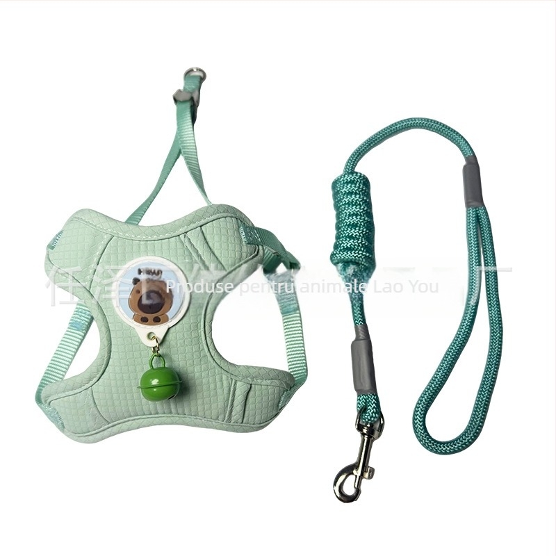 Lesă pentru câini cu ham pe piept, din țesătură, clopot din piele de cerb