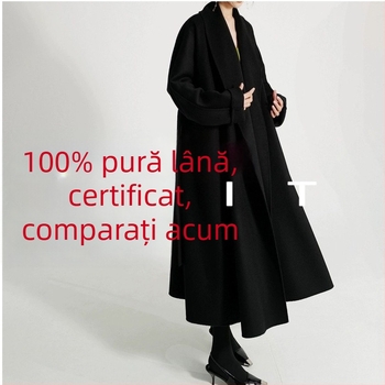 Palton lung reversibil din lână și cașmir, cu rever, croială lejeră, pentru femei, 95% lână