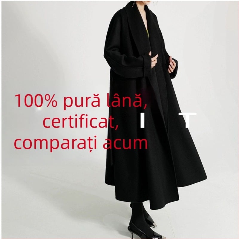 Palton lung reversibil din lână și cașmir, cu rever, croială lejeră, pentru femei, 95% lână