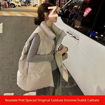 Vesta de damă din puf, design îngroșat, guler înălțat, lungime ultra scurtă, umplutură din puf de rață alb (81–85%)