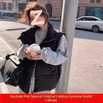 Vesta de damă din puf, design îngroșat, guler înălțat, lungime ultra scurtă, umplutură din puf de rață alb (81–85%)