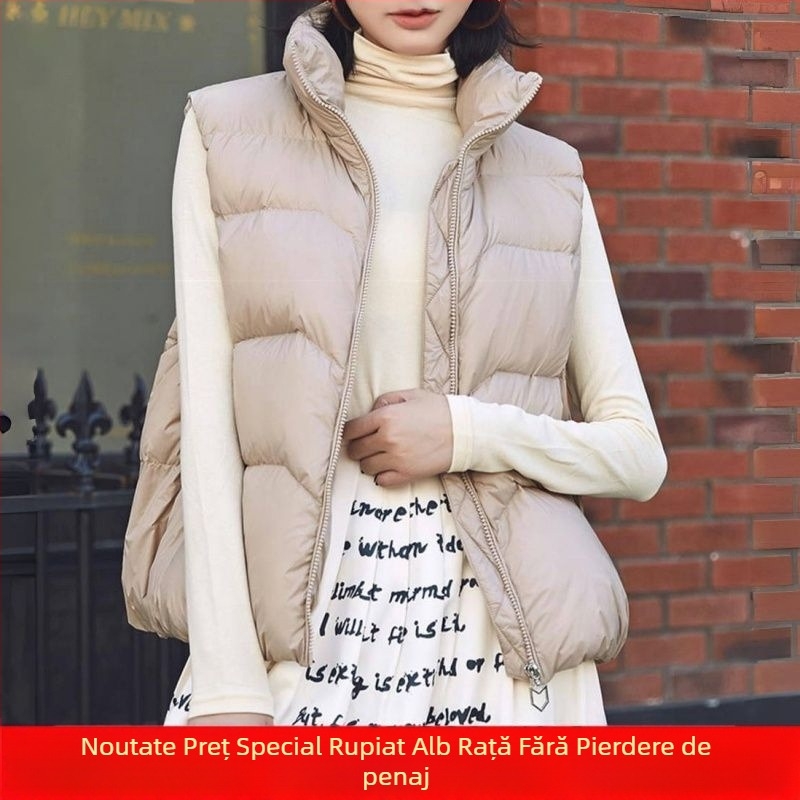 Vesta de damă din puf, design îngroșat, guler înălțat, lungime ultra scurtă, umplutură din puf de rață alb (81–85%)