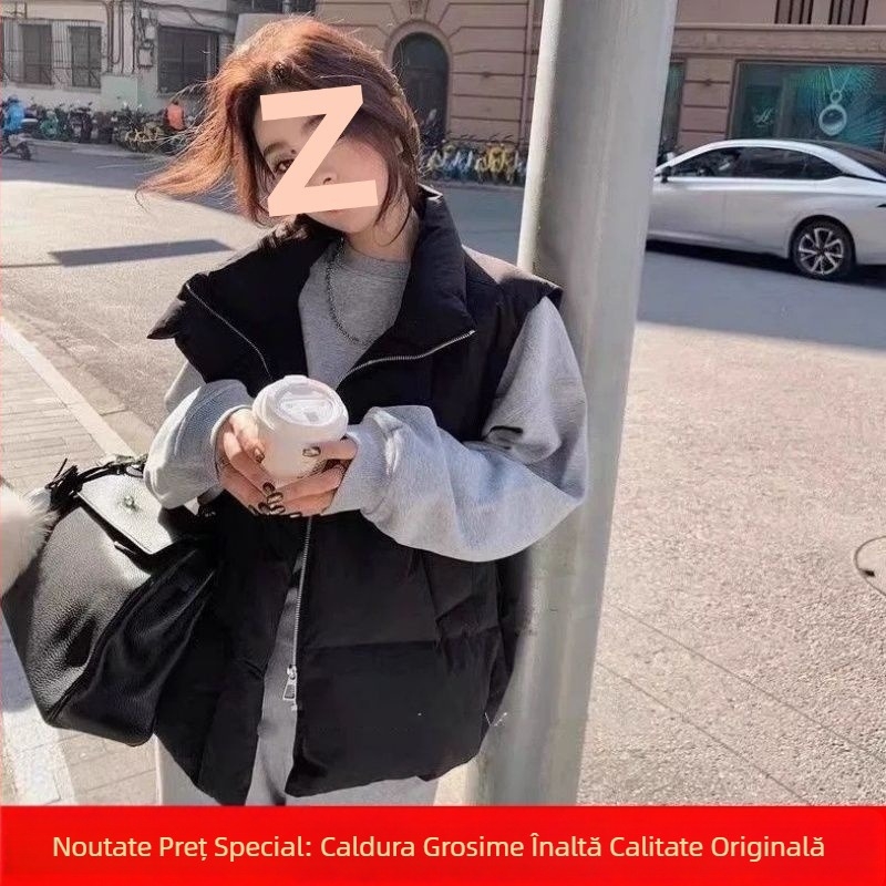 Vesta de damă din puf, design îngroșat, guler înălțat, lungime ultra scurtă, umplutură din puf de rață alb (81–85%)