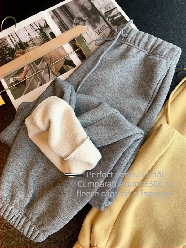 Pantaloni jogger pentru femei, din amestec de bumbac și poliester, groși, talie înaltă cu elastic, lungime 9/10, stil casual — Iarna 2025