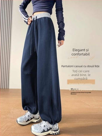 Pantaloni casual largi pentru femei, talie înaltă, căptuți groși de fleece, din material din bumbac-poliester, stil scimitar, toamnă-iarnă 2025