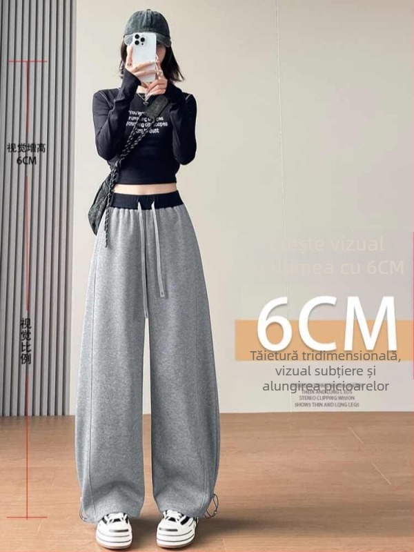 Pantaloni casual largi pentru femei, talie înaltă, căptuți groși de fleece, din material din bumbac-poliester, stil scimitar, toamnă-iarnă 2025