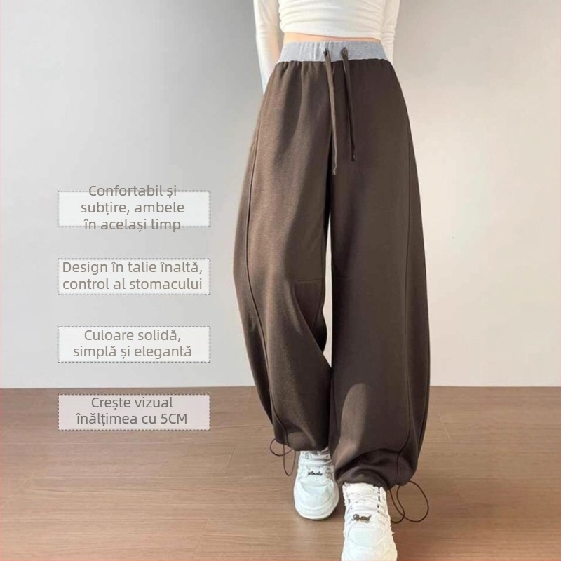 Pantaloni casual largi pentru femei, talie înaltă, căptuți groși de fleece, din material din bumbac-poliester, stil scimitar, toamnă-iarnă 2025