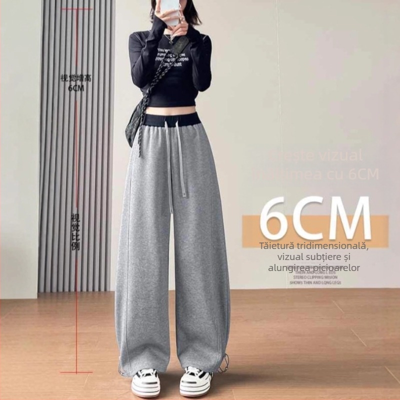 Pantaloni casual largi pentru femei, talie înaltă, căptuți groși de fleece, din material din bumbac-poliester, stil scimitar, toamnă-iarnă 2025