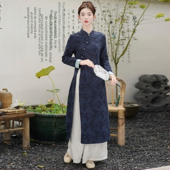 Rochie damă cu mâneci lungi, jacquard din bumbac, inspirată de cheongsam, toamna 2024, conținut de bumbac 30–50%