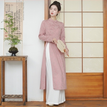 Rochie damă cu mâneci lungi, jacquard din bumbac, inspirată de cheongsam, toamna 2024, conținut de bumbac 30–50%