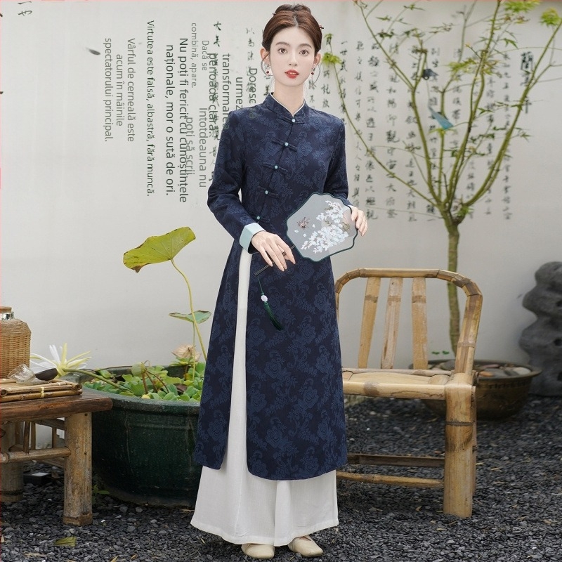 Rochie damă cu mâneci lungi, jacquard din bumbac, inspirată de cheongsam, toamna 2024, conținut de bumbac 30–50%