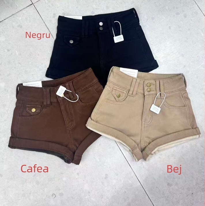 Shorts din bumbac pentru femei, talie înaltă, țesătură groasă, croială A-line, ridicare a posteriorului