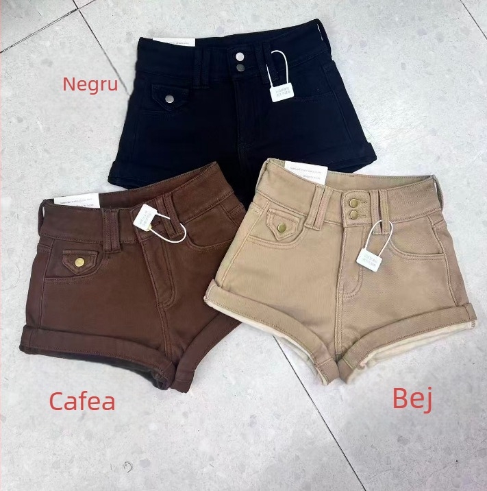 Shorts din bumbac pentru femei, talie înaltă, țesătură groasă, croială A-line, ridicare a posteriorului