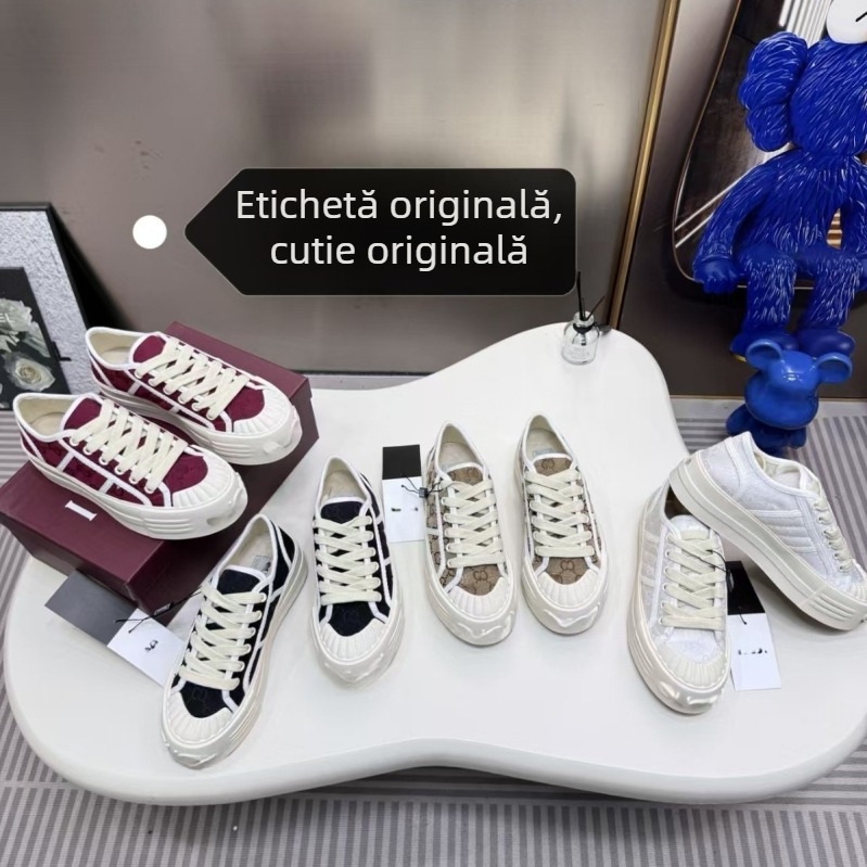Adidași damă din canvas cu imprimeu cu litere, casual, închidere cu șireturi, vârf rotund, talpă din cauciuc, talpă groasă pentru creștere înălțime