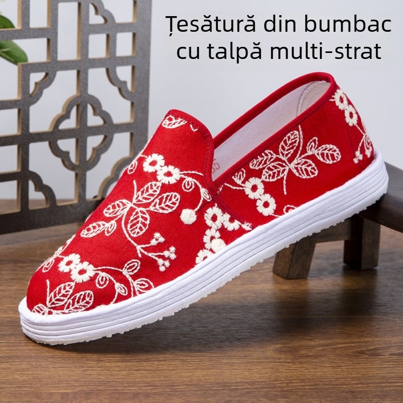 Pantofi din țesătură, fără șireturi, făcuți manual, talpă cu mai multe straturi, partea superioară din bumbac respirabil, broderie, glezna joasă, talpă plată, casual