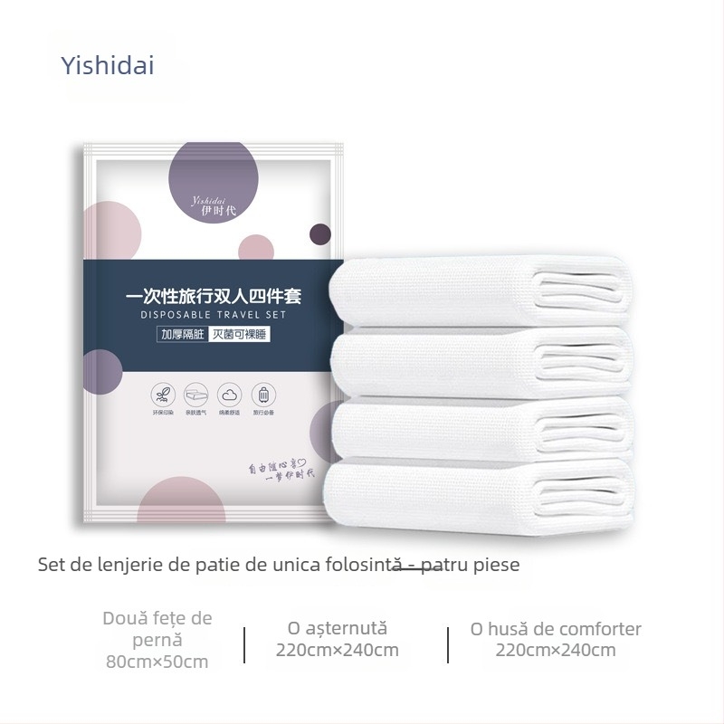 Set de dormit pentru călătorii, în patru piese: husă de pilotă din material nețesut, cearșaf de unică folosință și fețe de pernă
