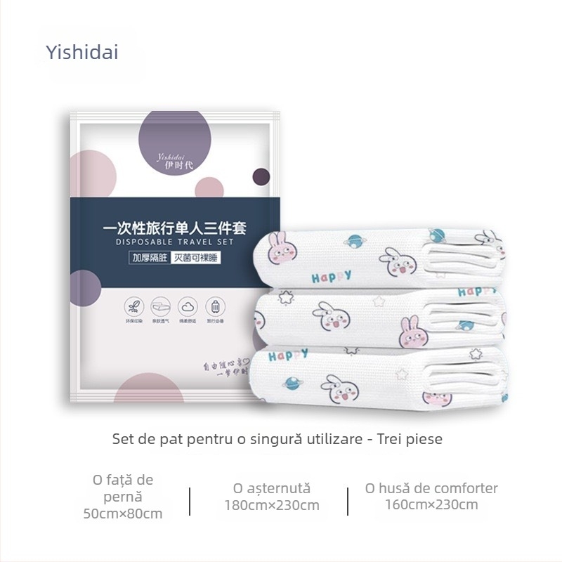 Set de dormit pentru călătorii, în patru piese: husă de pilotă din material nețesut, cearșaf de unică folosință și fețe de pernă