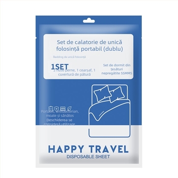 Set de lenjerie de pat de unică folosință: cearșaf, husă de pilotă și fețe de pernă – patru sau trei piese; material: SSMMS netezut; portabil pentru călătorii.