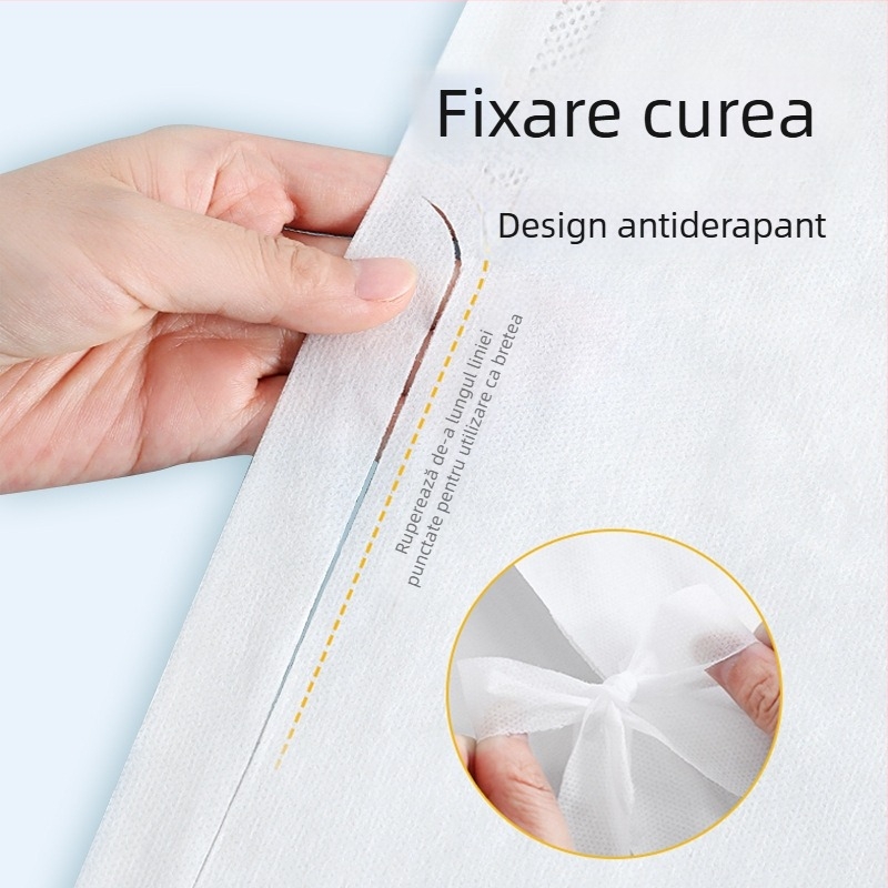 Set de lenjerie de pat de unică folosință: cearșaf, husă de pilotă și fețe de pernă – patru sau trei piese; material: SSMMS netezut; portabil pentru călătorii.