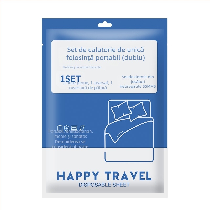 Set de lenjerie de pat de unică folosință: cearșaf, husă de pilotă și fețe de pernă – patru sau trei piese; material: SSMMS netezut; portabil pentru călătorii.
