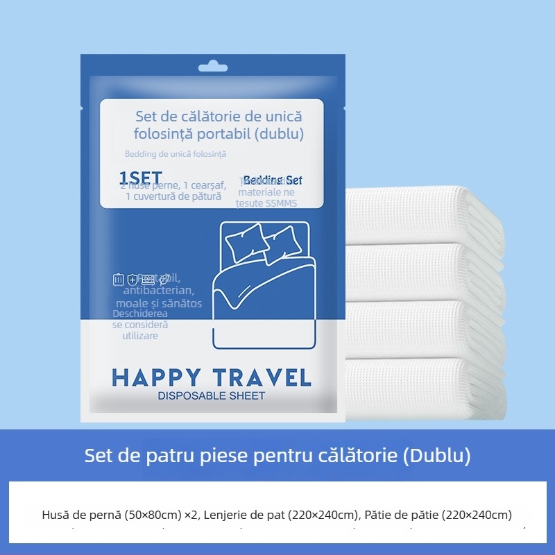 Set de lenjerie de pat de unică folosință: cearșaf, husă de pilotă și fețe de pernă – patru sau trei piese; material: SSMMS netezut; portabil pentru călătorii.
