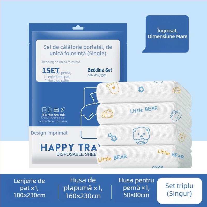 Set de lenjerie de pat de unică folosință: cearșaf, husă de pilotă și fețe de pernă – patru sau trei piese; material: SSMMS netezut; portabil pentru călătorii.