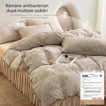Set de pat din bumbac 100% cu gaz dublu, 4 piese, model 2026, cu dantelă, include cearșaf, husă de pilotă, cearșaf cu elastic și fustă de pat