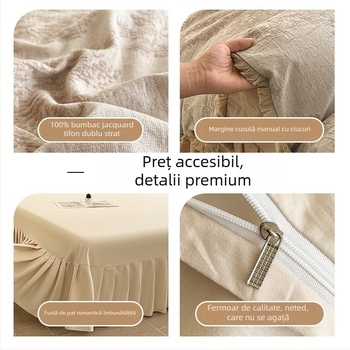 Set de pat din bumbac 100% cu gaz dublu, 4 piese, model 2026, cu dantelă, include cearșaf, husă de pilotă, cearșaf cu elastic și fustă de pat