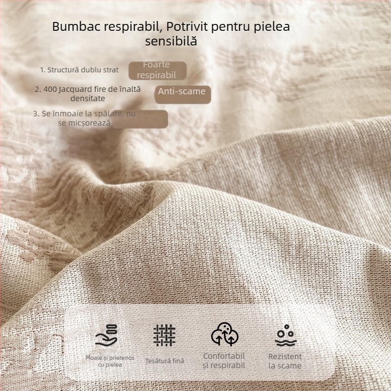 Set de pat din bumbac 100% cu gaz dublu, 4 piese, model 2026, cu dantelă, include cearșaf, husă de pilotă, cearșaf cu elastic și fustă de pat