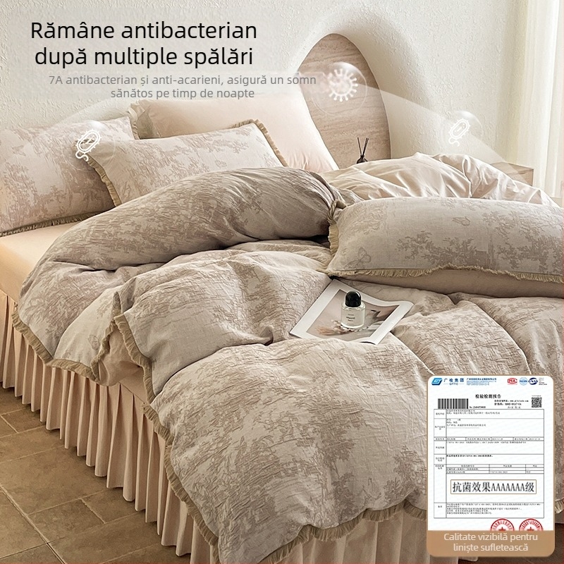 Set de pat din bumbac 100% cu gaz dublu, 4 piese, model 2026, cu dantelă, include cearșaf, husă de pilotă, cearșaf cu elastic și fustă de pat