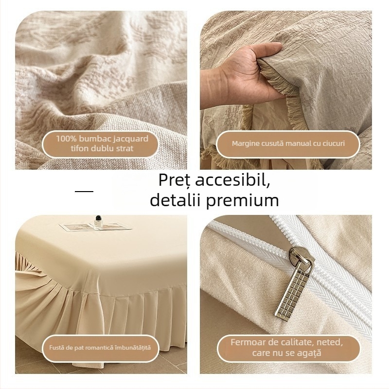 Set de pat din bumbac 100% cu gaz dublu, 4 piese, model 2026, cu dantelă, include cearșaf, husă de pilotă, cearșaf cu elastic și fustă de pat
