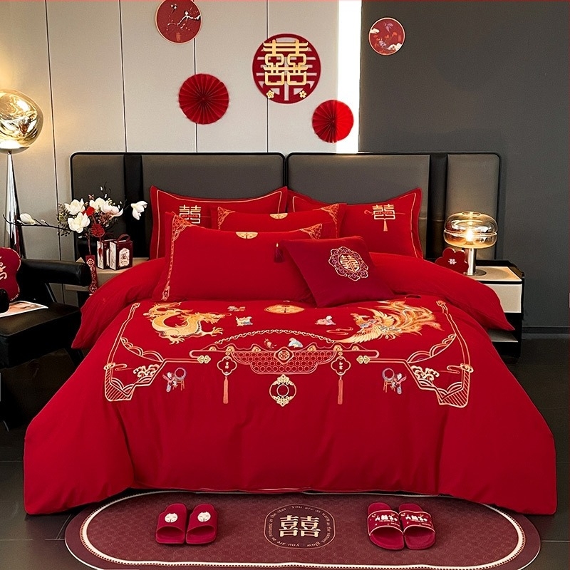 Set de pat din patru piese pentru nuntă, broderie dragon și fenix — roșu