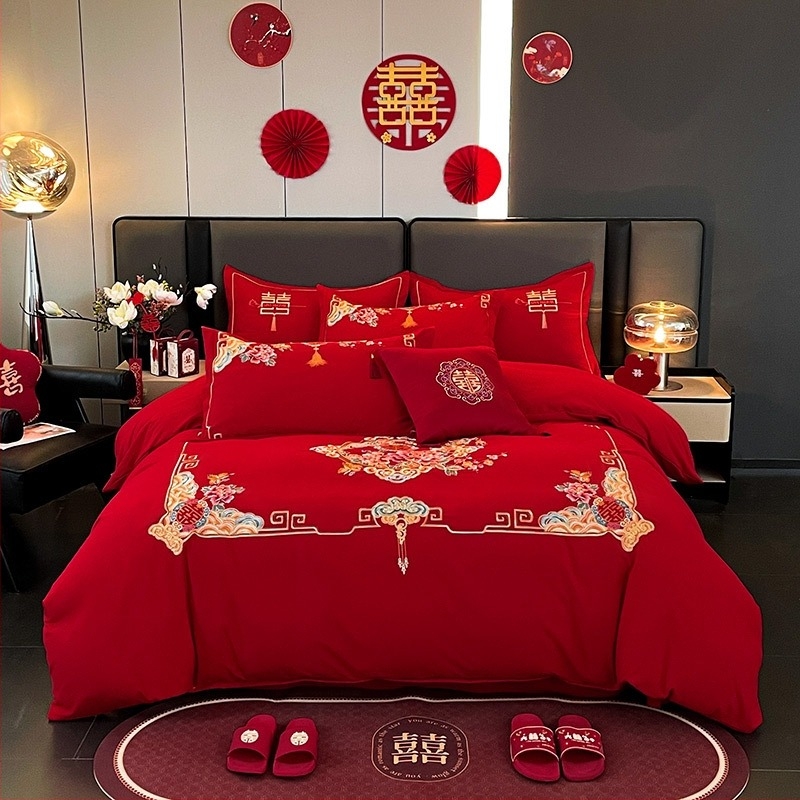 Set de pat din patru piese pentru nuntă, broderie dragon și fenix — roșu