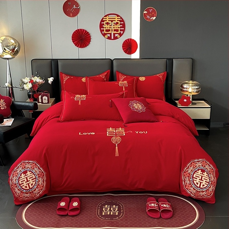 Set de pat din patru piese pentru nuntă, broderie dragon și fenix — roșu