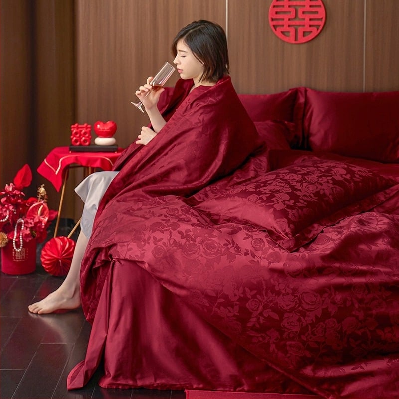 Set de lenjerie de pat din patru piese, bumbac cu fibre lungi, 100 fire, țesătură Jacquard și satin, imprimare reactive, model plante și flori, stil de nuntă