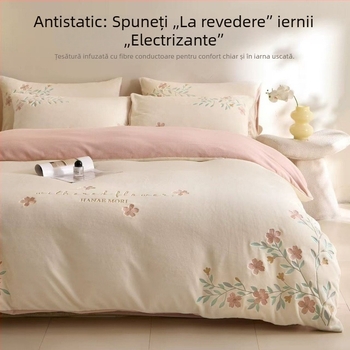 Set de pat din velur de lapte, patru piese, cu husă de pilotă brodată, accente din velur coral, model plante și flori, imprimare reactiva
