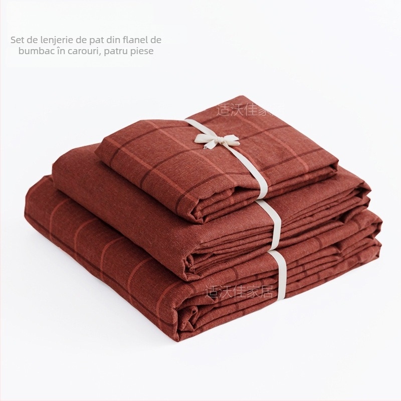 Set de lenjerie de pat în stil japonez, din flanel de bumbac, model herringbone, 4 piese, 100% bumbac, husă de pilotă dublă