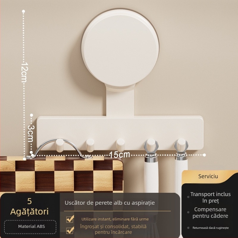 Cuier de bucătărie cu ventuză — ABS, multi-rând, stil minimalist modern, capacitate 5–10 kg