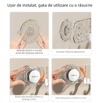Cuier PET cu ventuză – fără găuri, montaj pe perete pentru baie, cu cupă rotativă și rând de cârlige (5–10 kg)
