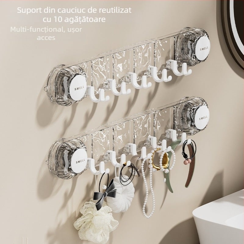 Cuier PET cu ventuză – fără găuri, montaj pe perete pentru baie, cu cupă rotativă și rând de cârlige (5–10 kg)
