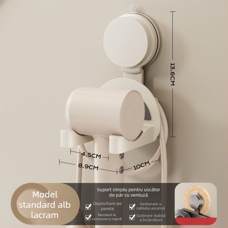 Suport pentru uscător de păr cu ventuză, montaj pe perete, design perforat, certificat CE, cod produs Pxx695738122989