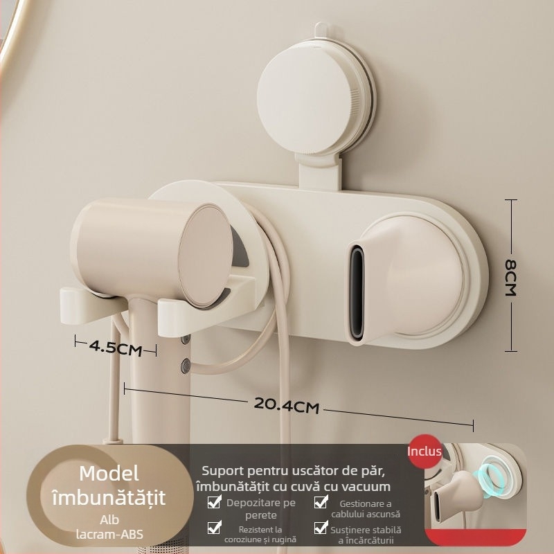 Suport pentru uscător de păr cu ventuză, montaj pe perete, design perforat, certificat CE, cod produs Pxx695738122989