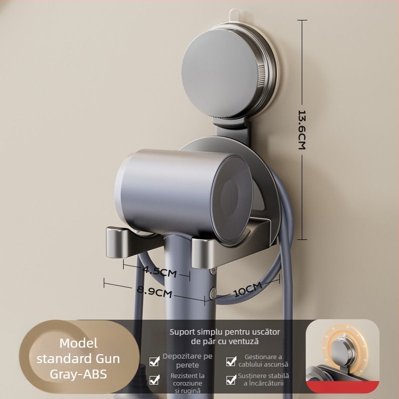 Suport pentru uscător de păr cu ventuză, montaj pe perete, design perforat, certificat CE, cod produs Pxx695738122989