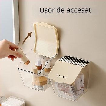 Cutie transparentă de depozitare pentru baie, montată pe perete, cu capac flip-top pentru bețișoare demachiante