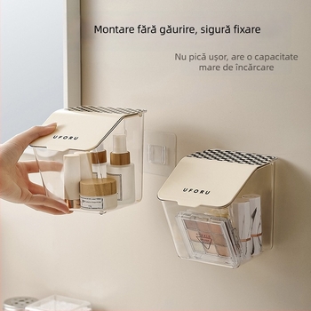Cutie transparentă de depozitare pentru baie, montată pe perete, cu capac flip-top pentru bețișoare demachiante