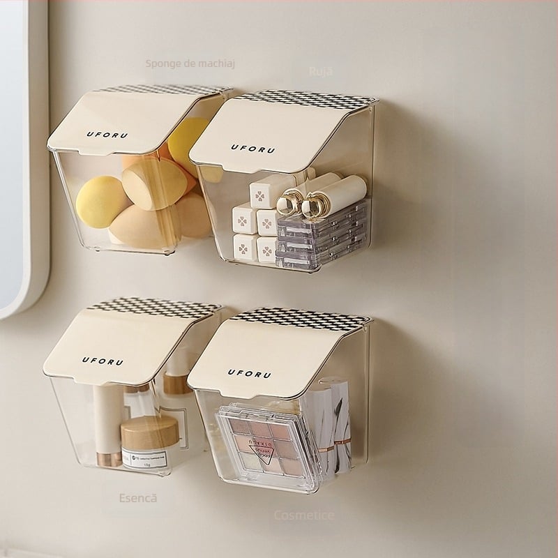 Cutie transparentă de depozitare pentru baie, montată pe perete, cu capac flip-top pentru bețișoare demachiante