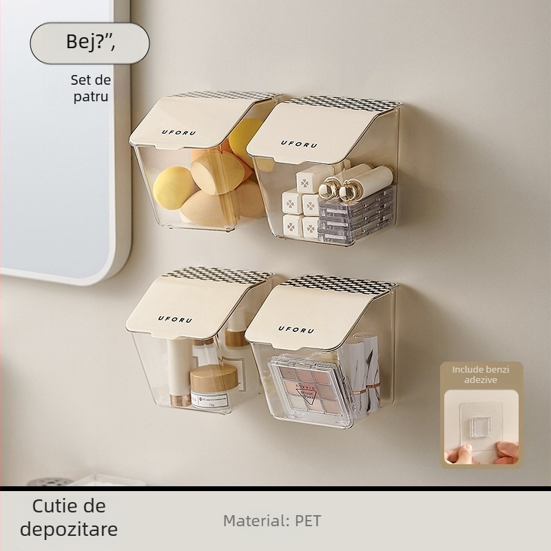 Cutie transparentă de depozitare pentru baie, montată pe perete, cu capac flip-top pentru bețișoare demachiante